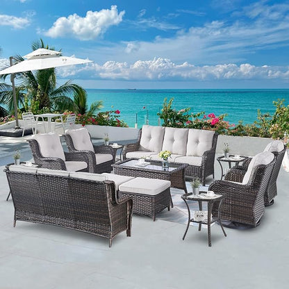 Belord Wicker Patio Furniture Sets - 13 Piece Outdoor Rattan Furniture Conversation Sets with 4 Swivel Rocker Chairs, 2 Rattan Sofas, Wicker Ottomans and Coffee Table, Brown/Beige