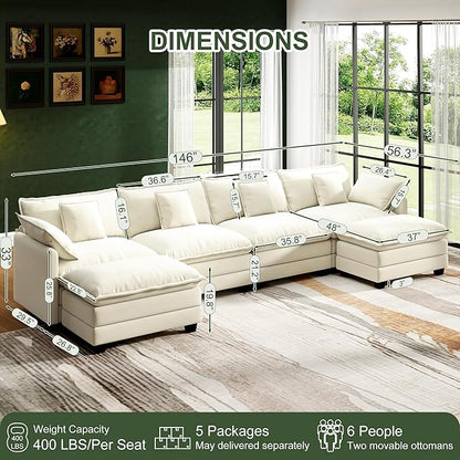 146" Cloud Couch Sectional, U Shaped Modular Sectional Sofa, 4-Seat Deep Seat Couch with 6 Removable Washable Pillows and 2 Ottoman for Living Room, Bedroom, Apartment, Beige