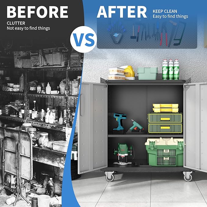 Metal Storage Cabinet with Wheels, Rolling Tool Cabinet with Doors and Shelves