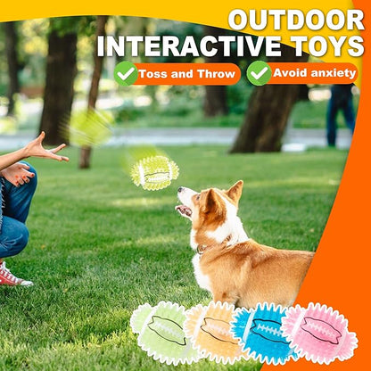 4.3” Dog Squeaky Football Toys 4 Pack, Light up and Durable Spiky Dog Balls for Medium Large Dogs with Rugby Shape, Built-in Squeaker for Teeth Cleaning and Training