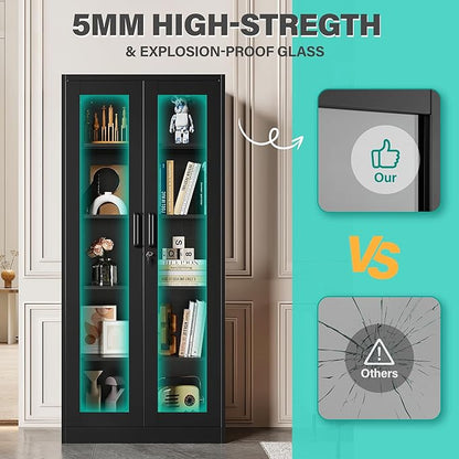 Metal Storage Cabinet with Lock and Glass Doors, Glass Display Cabinet