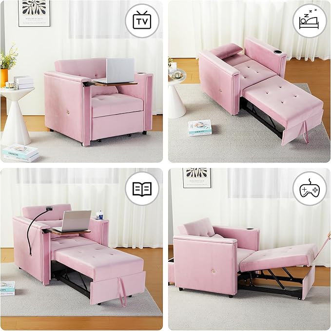 ORRD Convertible Chair Bed, 3-in-1 Multi-Functional Velvet Sleeper Sofa Pull-Out Couch Chair Bed with Adjustable Backrest and Hidden Side Table for Living Room, Small Space, Apartment (Pink)