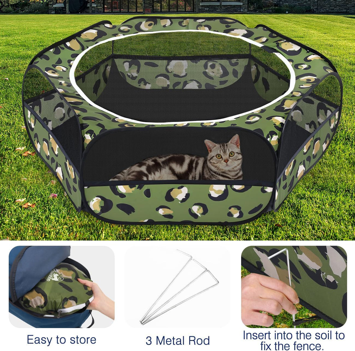 Pawaboo Small Animals Playpen, Waterproof Small Pet Cage Tent with Zippered Cover, Portable Outdoor Yard Fence with 3 Metal Rod for Chick/Kitten/Puppy/Guinea Pig/Rabbits/Hamster, Leopard Print