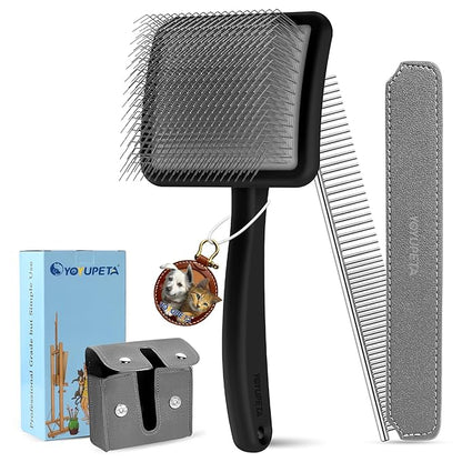Large Dog Slicker Brush & Comb Set with Leather Sleeves - Long Pin Deshedding Brush for Golden Retrievers, Poodles, Doodles & Thick Coats, Wood Handle Pet Grooming Kit for Dogs, Cats. Black