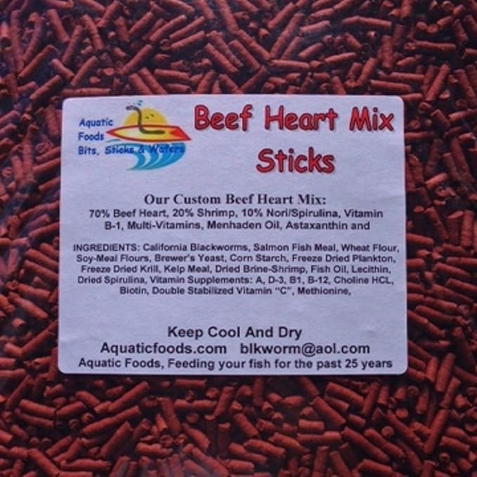 Aquatic Foods Inc. Beef Heart Mix Sinking Sticks, APX 1/8" x 7/16" Sticks Consisting of Beef Heart, Shrimp, Spinach, Nori, Natural Astaxanthin, Discus, Cichlids, All Tropical Fish - 1/2-lb