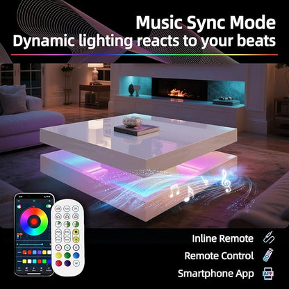 LED Coffee Table for Living Room, 2-Tier Modern Square Center Table with Music Sync Lights, High Gloss Surface, 30 3/4" x 30 3/4" (White)