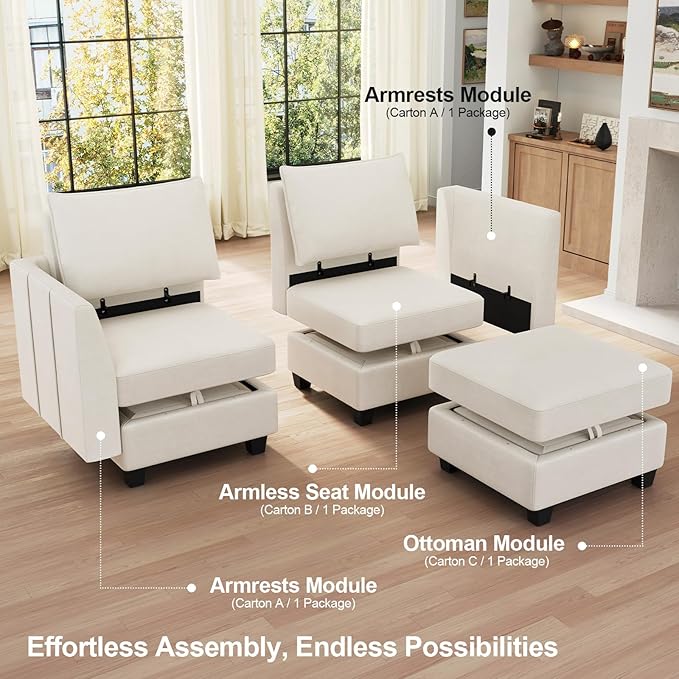 Belffin Modular Sectional Sofa Sleeper Sectional Couch with Storage Velvet Sofa Bed for Living Room, 6 Seats, Beige