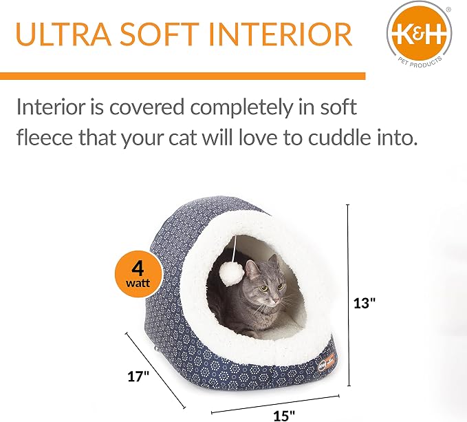 K&H Pet Products Thermo-Pet Cave Heated Cat Bed for Large Cats, Indoor Heated Warming Bed for Dog & Cat, Covered Cave Pet_Tent, Collapsible,Machine Washable,Safety Listed-17X15X13in Navy (Pack of 4)