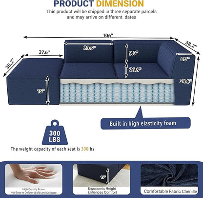 106" Sectional Compressed Sofa Modular Couches,High-Density Foam No Assembly Required,3-Piece(1xCorner 1xArmless 1xOttoman) for Living Room, Chenille Blue