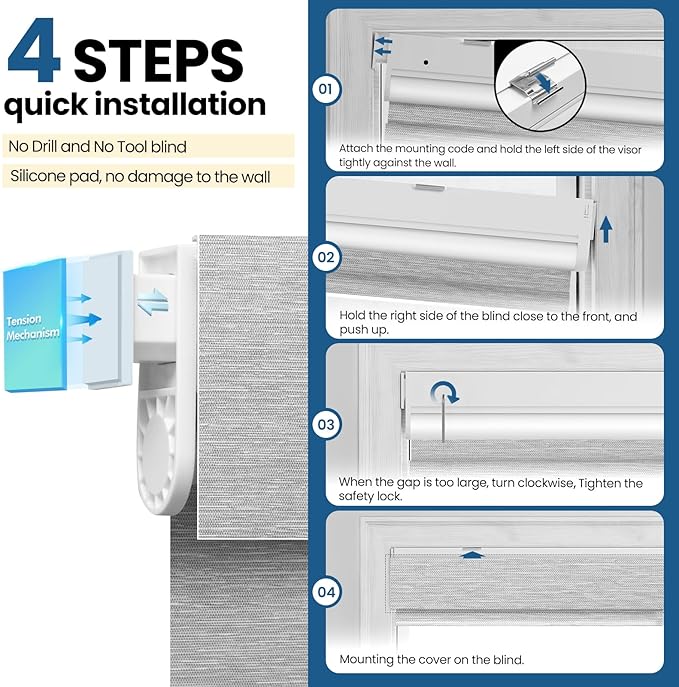 No Drill Motorized Blinds with Remote, Cordless Smart Electric Roller Shades