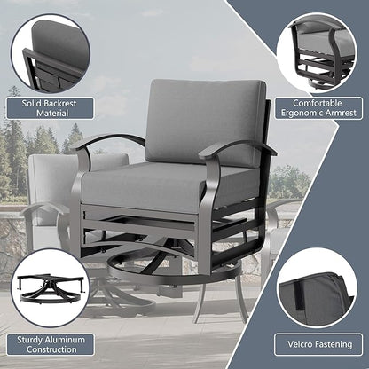 RTDTD Aluminum Outdoor Patio Furniture Set,4 Pieces 5 Seats Patio Conversation Sets with 45" Propane Fire Pit Table,Metal Patio Sectional Furniture Set with 2 Swivel Rocking Chairs,Grey