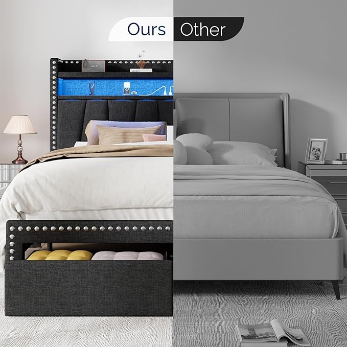 Full Size Bed Frame with Storage Headboard and Drawers Modern Rivets Upholstered Bed Frame with LED Charging Station Full Bedframe No Box Spring Needed