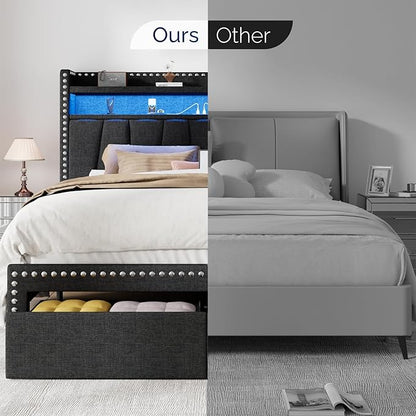 Full Size Bed Frame with Storage Headboard and Drawers Modern Rivets Upholstered Bed Frame with LED Charging Station Full Bedframe No Box Spring Needed