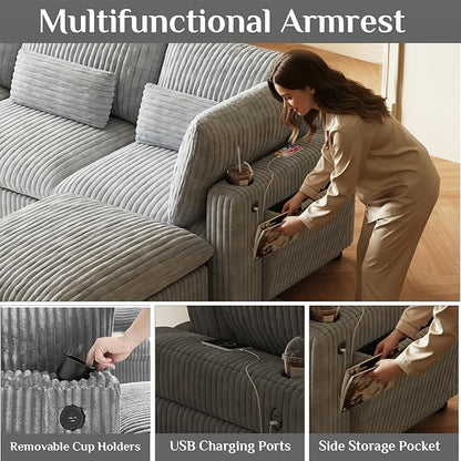 130" W x 67" D U Shape Sectional Sofa with USB Charging & Cup Holder & Storage, 6 Seater Plush Corduroy Couches with Movable Ottoman, Cloud Couch Sofas for Living Room, DIY Combination - Grey