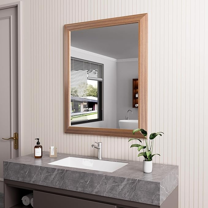 Amorho Bathroom Mirror, 24x30 Inch Wall Mirror, Walnut Wood Grain Metal Framed