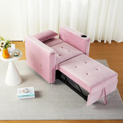 ORRD Convertible Chair Bed, 3-in-1 Multi-Functional Velvet Sleeper Sofa Pull-Out Couch Chair Bed with Adjustable Backrest and Hidden Side Table for Living Room, Small Space, Apartment (Pink)