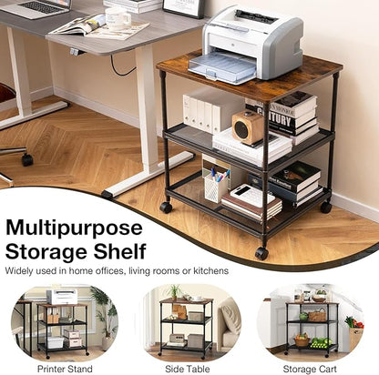 Giantex Printer Stand, 3-Tier Industrial Printer Cart with Lockable Wheels, Adjustable Shelves, Metal Frame, Mobile Under Desk Shelf for Home Office, Printer Table Fit Fax Machine, Scanner (Brown)