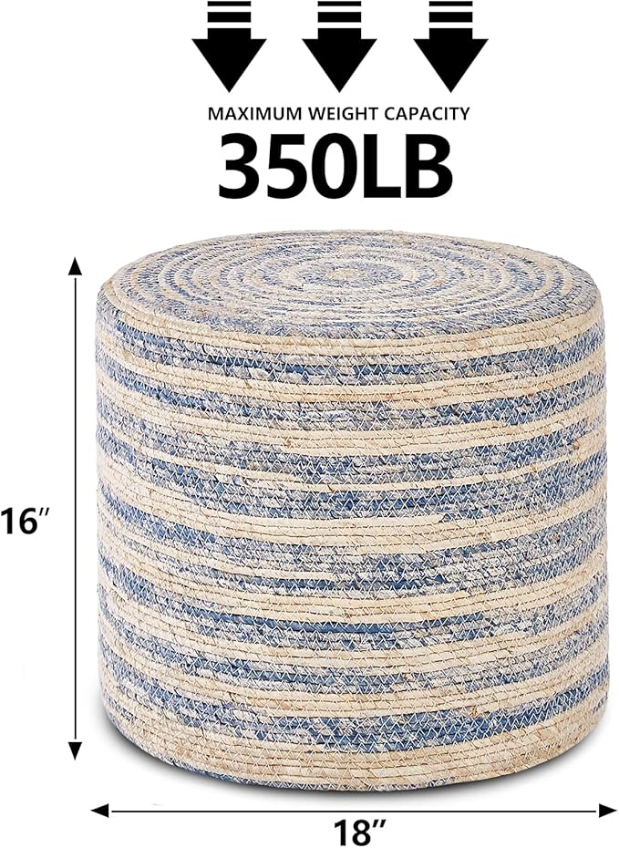 Wimarsbon 18'' Ottoman Pouf, Natural Braided Poof, Rustic Handweave Lounge Pouffe, Boho Footrest Stool for Bedroom, Accent Table for Living Room (Blue Corn Husk)
