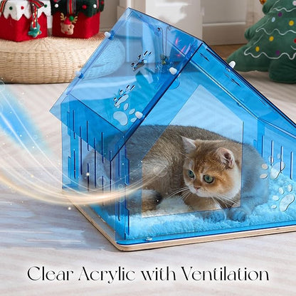 Acrylic Cat House for Indoor Cats, Transparent Cat Bed Cave with Plush Cushion & Hanging Toys, Modern Ventilated Cat Condo with Sturdy Wooden Base for Adult Cats & Kittens up to 12 lbs, Blue