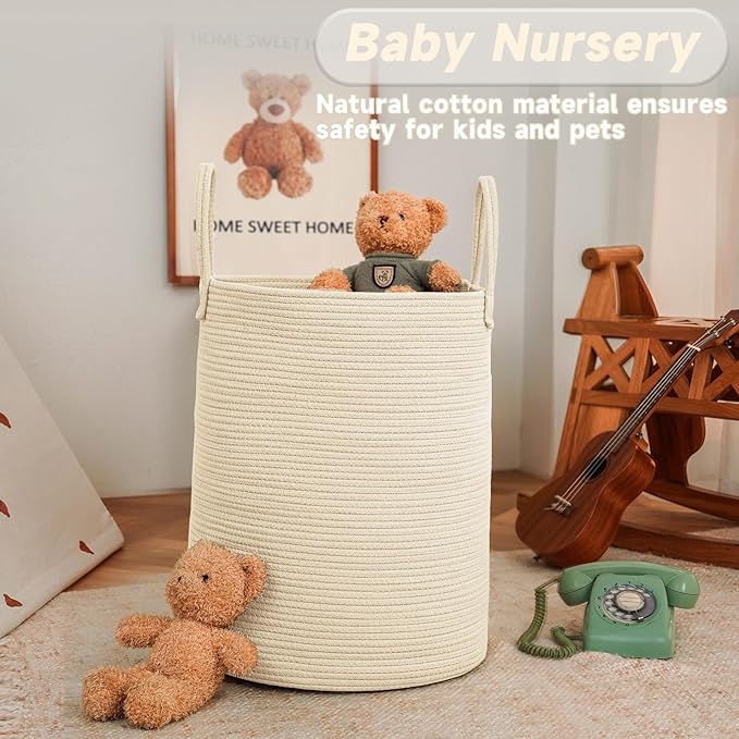 Large Woven Laundry Basket Hamper,100L Cotton Rope Storage Bin for Blankets,Toys and Clothes,Decorative Tall Nursery Hamper for Living Room,Baby Nursery,Bathroom and Bedroom,Beige