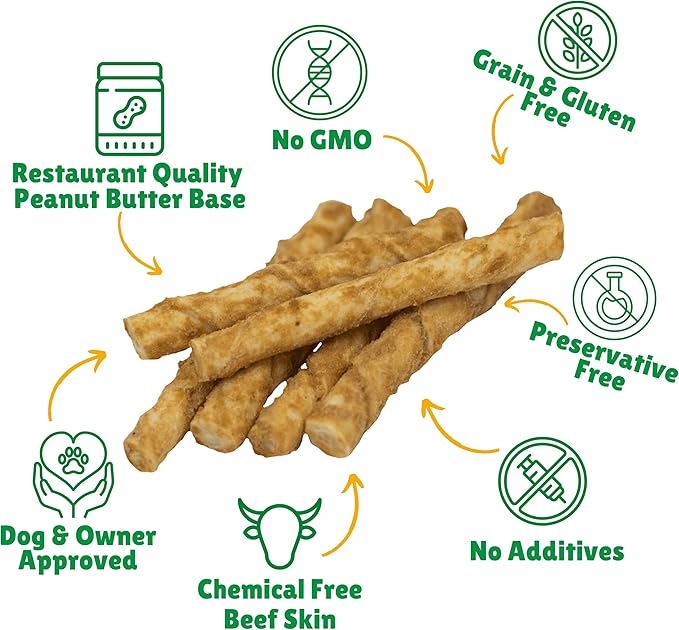 Lucky Premium Treats Peanut Butter Basted Rawhide – All-Natural Rawhide and Peanut Butter Dog Treats for Extra Small Dogs, Gluten Free Premium Toy Breed Dog Treats (200 Chews)