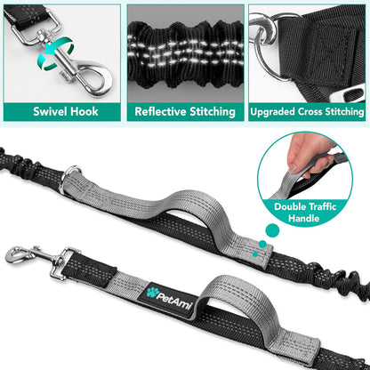 PetAmi Premium Hands Free Dog Leash for 2 Dogs, Adjustable Waist Belt Leash for Dog Walking, Fanny Pack Accessories Bag Dual Bungee Leash for Running, Hiking, Jogging, Biking, Charcoal Grey
