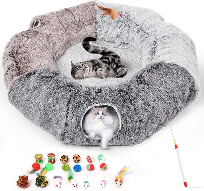 Large Cats Tunnels for Indoor Cats Fluffy Warm Cat Bed and Detachable Cave Tunnels with 20 Pet Toys, Donut Tunnel and Variety Kitten Toy Set for Playing