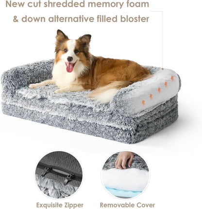 EHEYCIGA Human Dog Bed for Kids, Foldable XXL Dog Bed, Faux Fur Fluffy Pet Couch Bed, Orthopedic Calming Memory Foam Big Pet Bed, Washable Pet Sofa Bed with Non-Slip Bottom, Grey, 54"x38"x7.5"