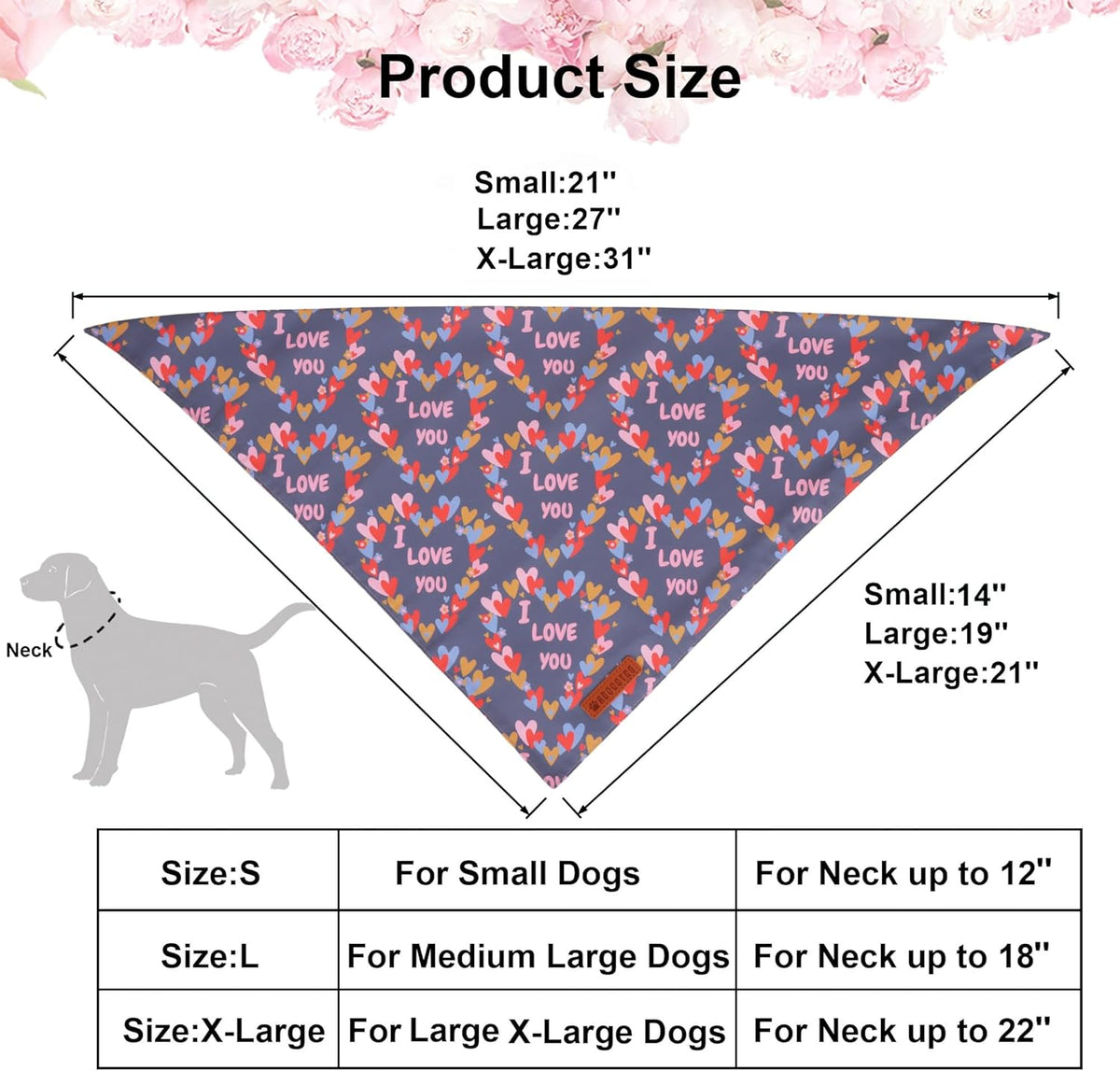ADOGGYGO Valentine Dog Bandanas, Heart Love Floral Pet Scarf, Multi Size Offered, Pink Blue Pet Valentine Bandana for Medium Large Dogs (Large)