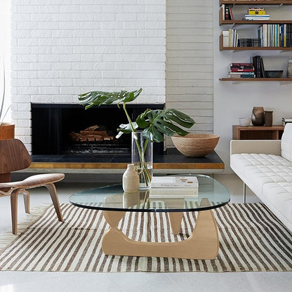Noguchi Triangle Glass Coffee Table with Solid Wood Base, Vintage Clear Glass Top Modern Design for Living Room, Patio, Study, White Ash