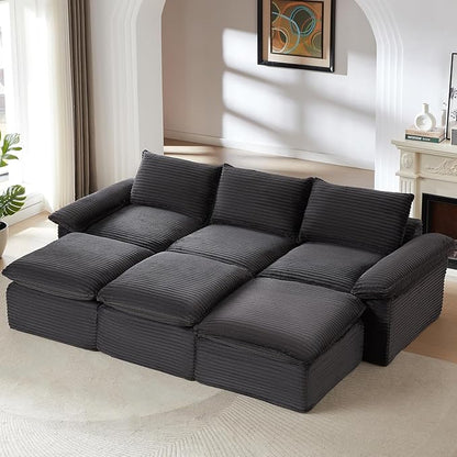 111" Cloud Sectional Couch, Corduroy Sectional Sofa with Ottoman, Boneless Couch with Deep Seat in a Box for Living Room, No Assembly Required (Dark Grey)