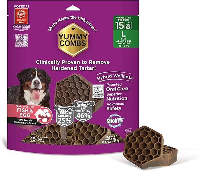 Yummy Combs Dog Dental Treats – Fish & Egg Protein – Vet VOHC Approved, Removes Tartar – A Daily Teeth Cleaning Treat for Large Dogs (15 Count)