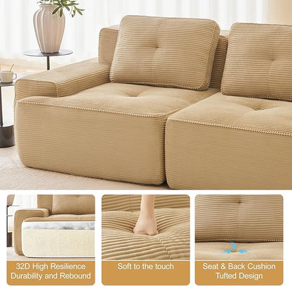80" Modern Corduroy Boneless Love Seat Couches, 2 Seater Large Sectional Couches for Living Room, Camel Cloud Modular Sectional Sofa, Memory Foam, Extra Deep Loveseat, No Assembly
