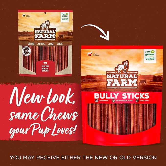Natural Farm Odor-Free Bully Sticks (6 Inch, 25 count),1.3 lb. Bag, Fully Digestible 100% Beef Pizzle Chews,Grass-Fed, Non-GMO,Grain-Free, Natural Long-Lasting Chews for Small & Large Dogs. Pack of 25