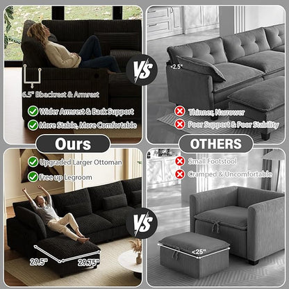 130" W x 67" D U Shape Sectional Sofa with USB Charging & Cup Holder & Storage, 6 Seater Plush Corduroy Couches with Movable Ottoman, Cloud Couch Sofas for Living Room, DIY Combination - Black