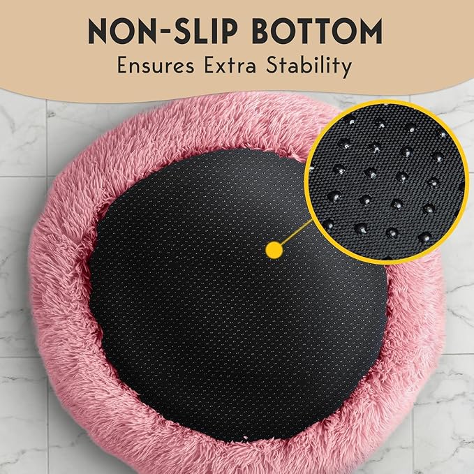 PetJett Calming Dog Bed for Small Dogs – 23" Donut Dog Beds, Anti-Slip & Washable Fluffy Plush Faux Fur Pet Bed, Anti-Anxiety Premium Comfort Round Puppy Bed, Fits Dogs up to 25 lbs – Pink