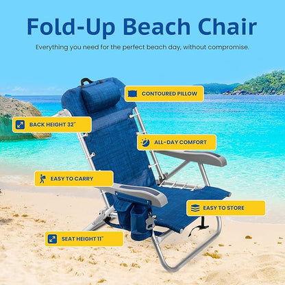 Homevative Backpack Fold-Up Beach Chair, 5 Positions, Towel bar, Cooler, Storage Pouch, Cup Holder and Phone Pocket