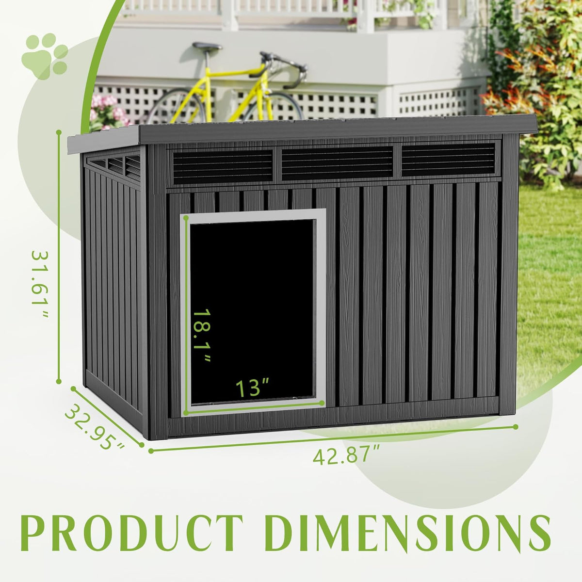 Dog House Indoor Outdoor,Resin Waterproof Puppy Shelter with Air Vents and Elevated Floor,Air Rod on Top to Open,Dog Kennel for Small to Large Dogs(Black,42.87 * 32.95 * 31.61)