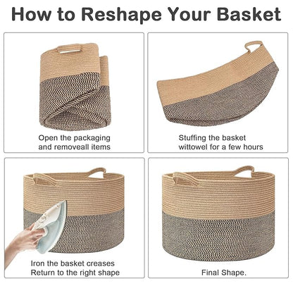 65L Large Blanket Basket,19.7" L x 19.7" W x 13" H Rope Woven Baskets with Handles, Toys Storage Bins,Laundry Basket Perfect for Living Room, Nursery,Bedroom,Home Organization,Camel