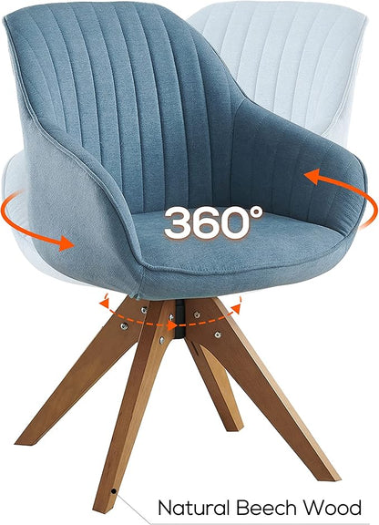 Art Leon Dining Chair, Mid Century Modern Fabric Upholstered Swivel Dining Room Chair with Wood Legs, Leisure Side Chair with Arms for Living Room, Blue