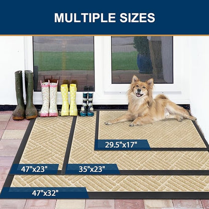Smiry Front Door Mat Outside Entrance, Heavy Duty Outdoor Indoor Natural Rubber Doormat, Non Slip, Trap Dirt and Moisture, Easy Clean, Low Profile Patio Porch Entryway Mat, 59x35, Beige