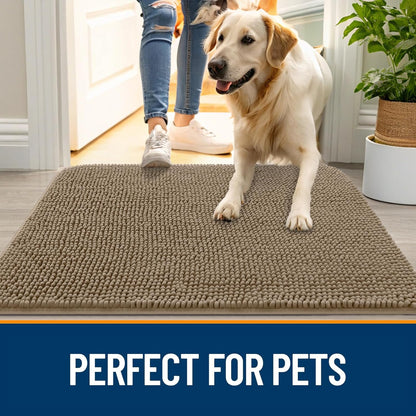 OLANLY Dog Door Mat for Muddy Paws 47x24, Absorbs Moisture and Dirt, Absorbent Non-Slip Washable Doormat, Quick Dry Chenille Mud Mat for Dogs, Entry Indoor Entryway Carpet for Inside Floor, Tan