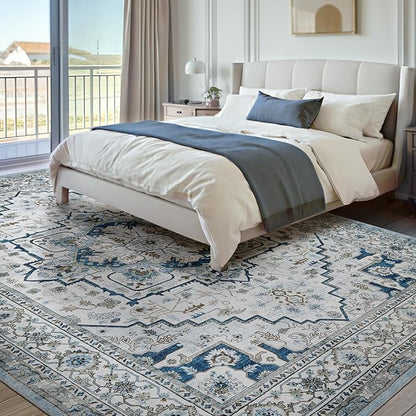 Area Rugs for Living Room 10x12 - Large Machine Washable Vintage Oriental Soft Rug, Low Pile Thin Carpet with Non Slip Backing for Bedroom, Dorm, Under Dining Room Table, Indoor House, Office Decor