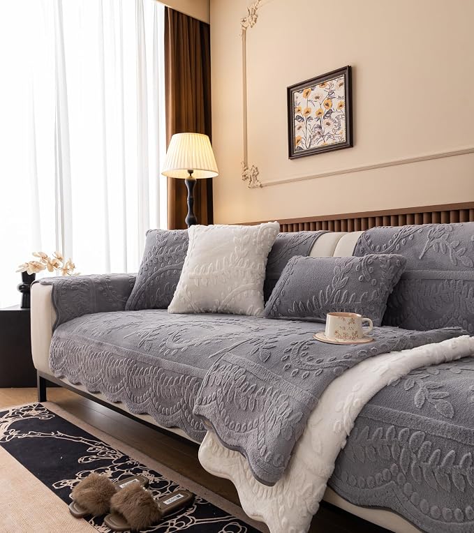 Grey Fuzzy Rabbit Plush Sofa Cover Cozy Warm Sofa Couch Covers with 3D Jacquard Leaf Pattern Non-Slip Easy-to-Install Shaggy Sofa Slipcover Prefect for Kids Dogs Cats Cats(Grey,36"x94")