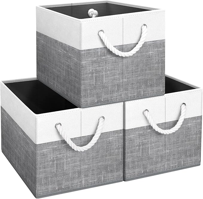 Fab totes Storage Bins [3-Pack], Foldable Storage Baskets for Organizing Toys, Books, Shelves, Closet, Large Storage Box with Rope Handles, Sturdy Organizer Bins, White & Grey