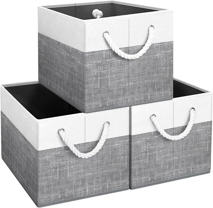 Fab totes Storage Bins [3-Pack], Foldable Storage Baskets for Organizing Toys, Books, Shelves, Closet, Large Storage Box with Rope Handles, Sturdy Organizer Bins, White & Grey