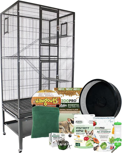 Congo Cage & Starter Package for Sugar Gliders - Includes Durable Cage, Exercise Wheel, Healthy Food Assortment, Water Bottle, Food Dishes & Nest Pouch
