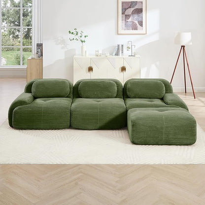 116" Modern Corduroy Cloud Sofa with Ottoman, L Shaped Boneless Modular Large Sectional Couches for Living Room, Green 3 Seater Compressed Memory Foam Couch, Extra Deep Seat, No Assembly