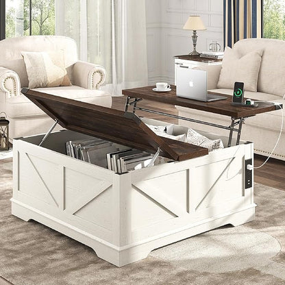 Hlivelood 40” Large Farmhouse Lift Top Coffee Table with Power Outlets and Large Hidden Storage, Square Wood Living Room Tables, Multi-Function Lift Wooden Barn Door Center Table, Rustic White