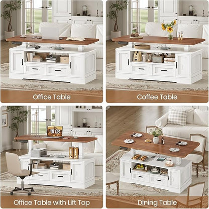 SEDETA 47.2" Electric Standing Coffee Table with Storage, Farmhouse Lift Top Coffee Table with Drawers and Open Shelves, Height Adjustable Tables with Power Outlet, for Living Room, White